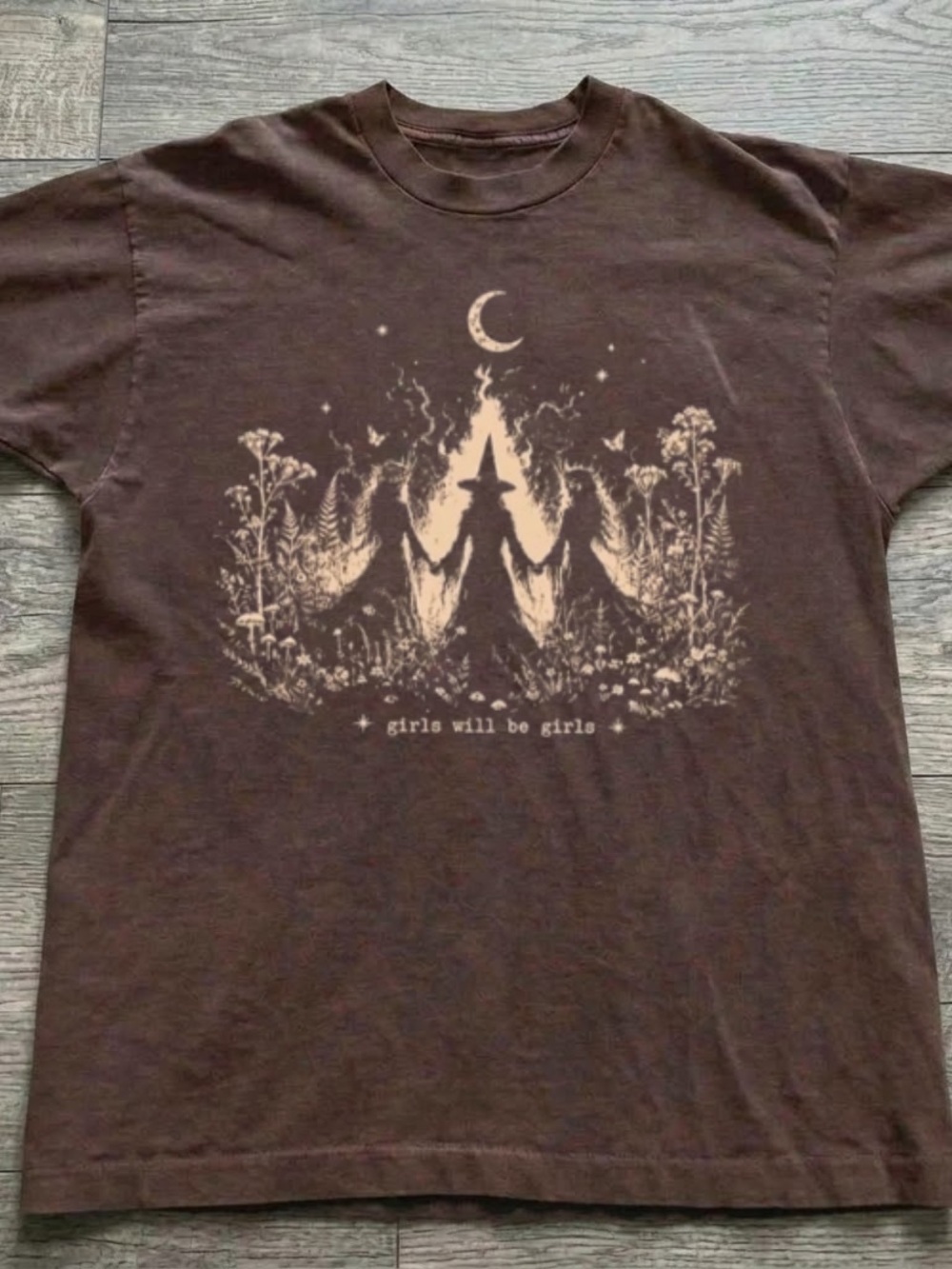 Gildan Brown Short-Sleeve Graphic Tee with Cream Witch Design